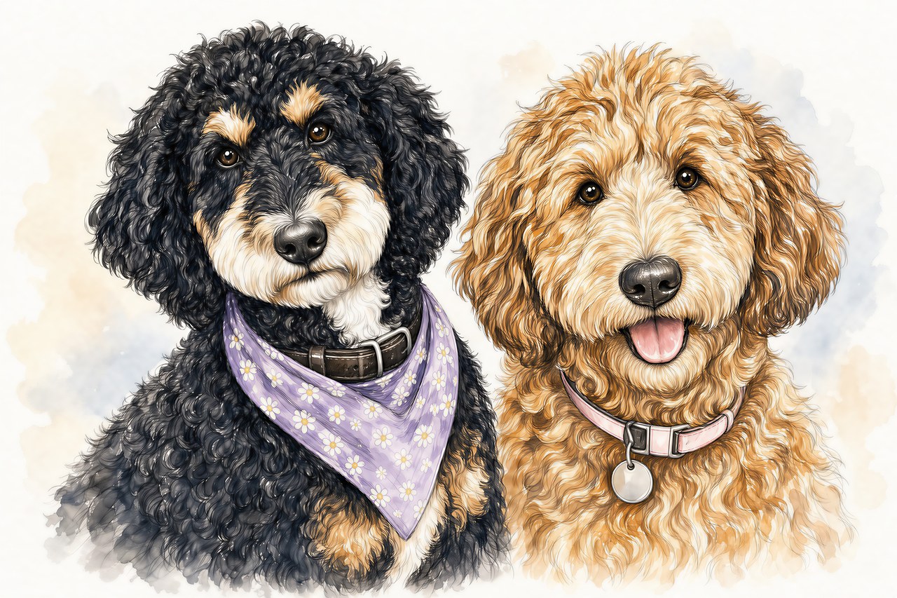 Watercolour portrait of Suki, a black and tan doodle in a lilac daisy bandana, and Zoe, a golden doodle in a pink collar. The two Gran Life mascots.
