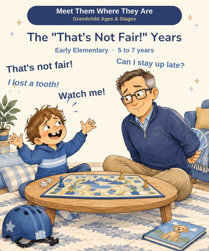 A gap-toothed boy throwing his hands up mid-protest over a board game while his grandfather hides a hand of cards and smiles.