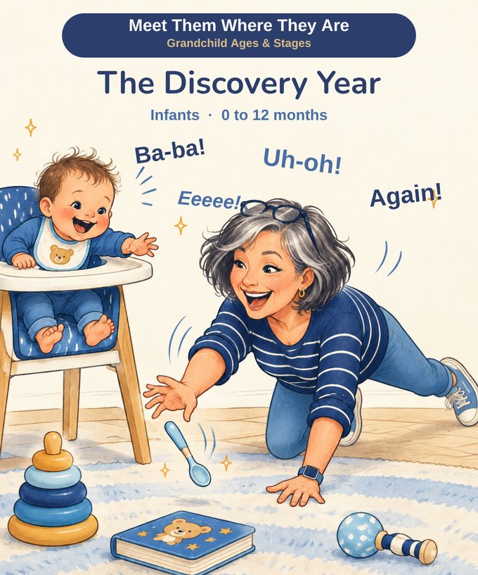 A grandmother on the floor reaching for a spoon her baby grandchild has dropped from the high chair, with a stacking ring toy, a board book and a rattle nearby.