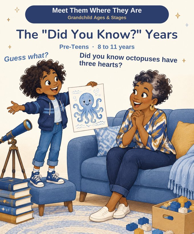 A pre-teen presenting a drawing of an octopus to his delighted grandmother, with a telescope, a stack of books and a bin of building bricks around them.