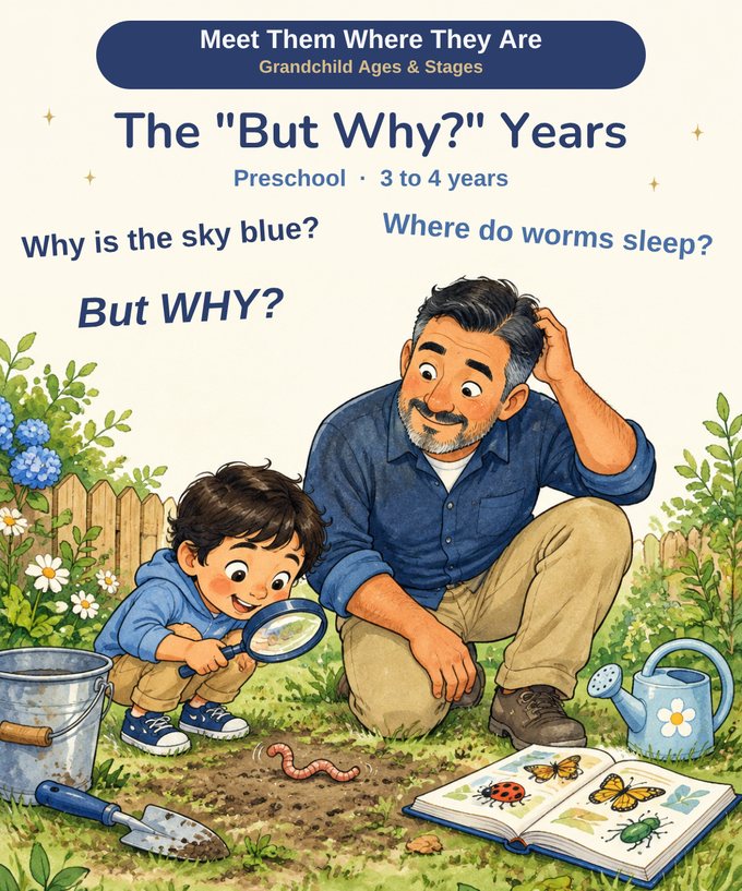 A preschooler crouched in a garden examining an earthworm through a magnifying glass while his grandfather scratches his head, an open insect book beside them.