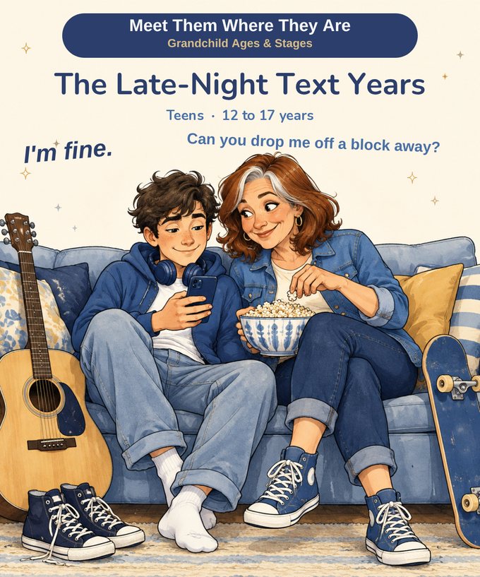 A teenager and his grandmother sharing a bowl of popcorn on the sofa, him holding his phone, a guitar and a skateboard propped at either end.