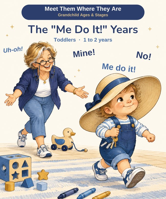 A toddler marching off in an oversized sun hat with a set of keys while her grandmother follows with open arms, a shape-sorter cube and a pull-along duck on the floor.