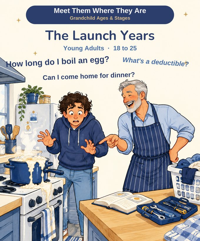 A young adult panicking at a pot boiling over while his grandfather laughs and points, a cookbook open and a basket of laundry on the counter.